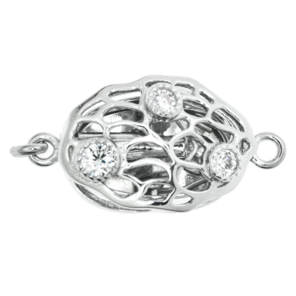 1x Rhodium Plated Sterling Silver Filigree Tree of Life Oval 1 Strand Clear CZ Crystal Pearl Box Clasp