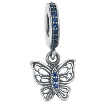 1x Antique Sterling Silver Butterfly Blue CZ Crystal Dangle Charm Bead for European Charm Bracelets