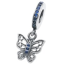 1x Antique Sterling Silver Butterfly Blue CZ Crystal Dangle Charm Bead for European Charm Bracelets