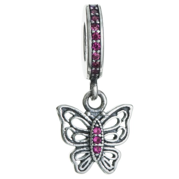 1x Antique Sterling Silver Butterfly Pink CZ Crystal Dangle Charm Bead for European Charm Bracelets
