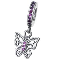 1x Antique Sterling Silver Butterfly Pink CZ Crystal Dangle Charm Bead for European Charm Bracelets