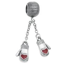 Antique Sterling Silver Red Enamel Christmas Heart Gloves Chain Bead for European Charm Bracelets
