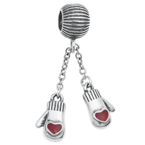 Antique Sterling Silver Red Enamel Christmas Heart Gloves Chain Bead for European Charm Bracelets