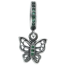 1x Antique 925 Sterling Silver Butterfly Green CZ Crystal Dangle Charm Bead for European Charm Bracelets