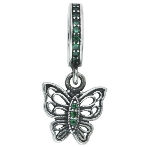 1x Antique 925 Sterling Silver Butterfly Green CZ Crystal Dangle Charm Bead for European Charm Bracelets