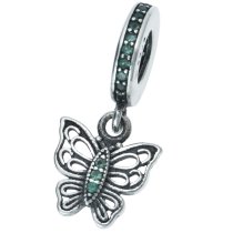1x Antique 925 Sterling Silver Butterfly Green CZ Crystal Dangle Charm Bead for European Charm Bracelets