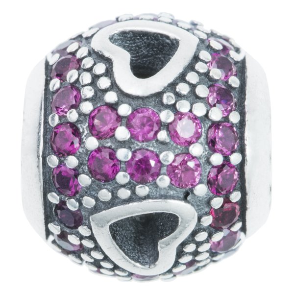 Antique 925 Sterling Silver Round Heart Pink CZ Crystal Bead for European Charm Bracelets