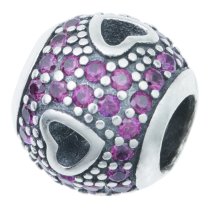Antique 925 Sterling Silver Round Heart Pink CZ Crystal Bead for European Charm Bracelets