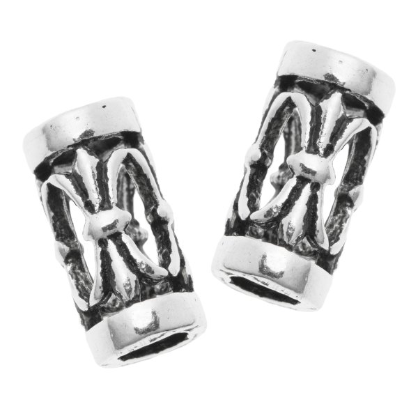 2x Antique 925 Sterling Silver Bali Fleur-de-lis Flower Leaf Tube Spacer Bead Slide 9mm