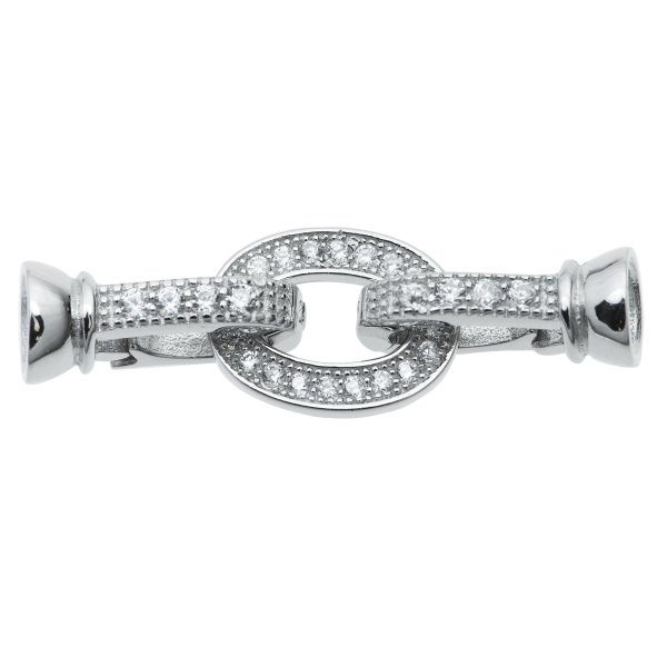 1 Set Rhodium on Sterling Silver Clear CZ Crystal Oval Pearl Stringing End Cap Connector Clasp