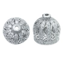1x Rhodium on 925 Sterling Silver Flower Crown Bud Clear CZ Crystal Pearl Bead Cap Cover