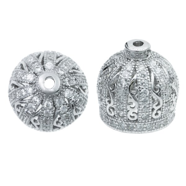 1x Rhodium on 925 Sterling Silver Flower Crown Bud Clear CZ Crystal Pearl Bead Cap Cover