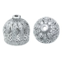 1x Rhodium on 925 Sterling Silver Flower Crown Bud Clear CZ Crystal Pearl Bead Cap Cover