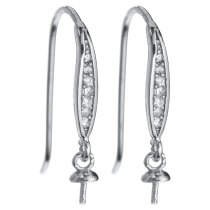 2x Rhodium on 925 Sterling Silver CZ Crystal Earwire with 3mm Pearl Cup Dangle French Hook Earring Connector