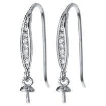 2x Rhodium on 925 Sterling Silver CZ Crystal Earwire with 3mm Pearl Cup Dangle French Hook Earring Connector