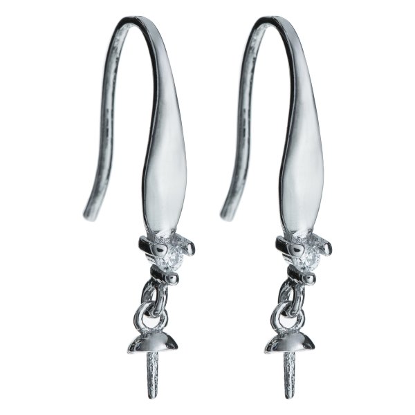 2x Rhodium on 925 Sterling Silver CZ Crystal Earwire with 3mm Pearl Cup Dangle French Hook Earring Connector