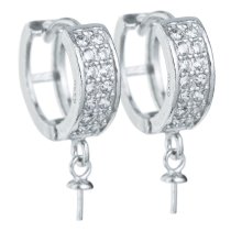 2 x Rhodium on 925 Sterling Silver Hoop Ring Huggie Dangle Earring with 3mm Pearl Cup Connector