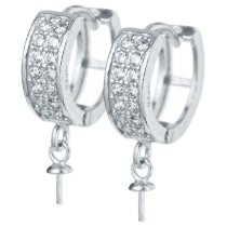 2 x Rhodium on 925 Sterling Silver Hoop Ring Huggie Dangle Earring with 3mm Pearl Cup Connector