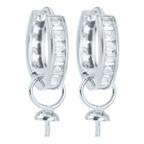 2 x Rhodium on 925 Sterling Silver Hoop Ring Huggie Dangle Earring with 4mm Pearl Cup Connector