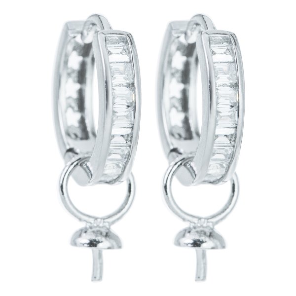 2 x Rhodium on 925 Sterling Silver Hoop Ring Huggie Dangle Earring with 4mm Pearl Cup Connector