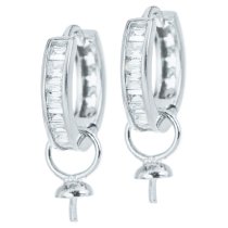 2 x Rhodium on 925 Sterling Silver Hoop Ring Huggie Dangle Earring with 4mm Pearl Cup Connector