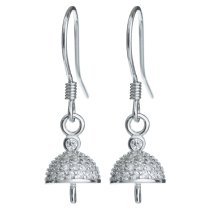 2 x Rhodium on 925 Sterling Silver Clear CZ Crystals 7mm Pearl Cup Dangle French Hook Earring Connector