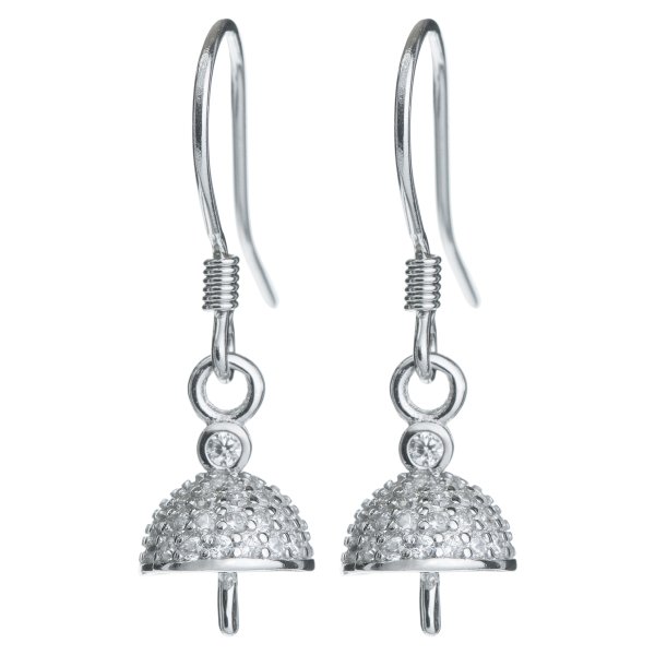 2 x Rhodium on 925 Sterling Silver Clear CZ Crystals 7mm Pearl Cup Dangle French Hook Earring Connector