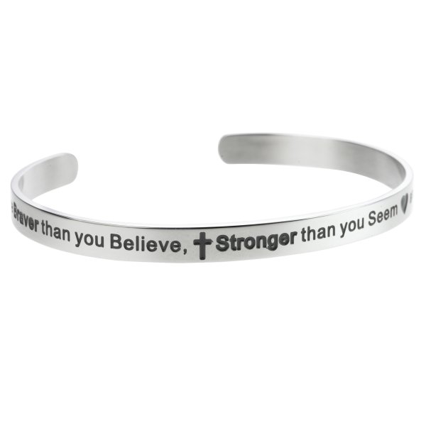 Qina C. 316l Stainless Steel Braver Stronger Smarter Adjustable Cuff Bracelet Wristband Bangle
