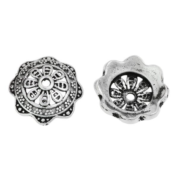 2x Antique 925 Sterling Silver Bali Flower Tree Leaf Pearl Bead Cover Cap 9mm
