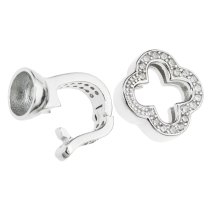 1 Set Rhodium on Sterling Silver Clear CZ Crystal Flower Pearl Stringing End Cap Connector Clasp