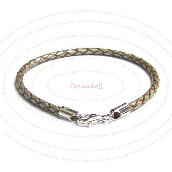 1x Sterling Silver Metallic Steel Grey Bolo Braided leather 3mm BRACELET for European Bead charms 7.5"