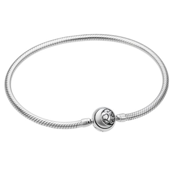 Qina C. Rhodium on 925 Sterling Silver 3mm Snake Bracelet with Round Sun Moon Bead Clasp for European Bead Charm 7"