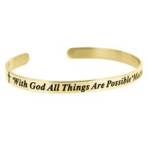 Qina C. Gold-tone 316l Stainless Steel Christian Bible with God All Things Are Possible Adjustable Cuff Bracelet Wristband Bangle