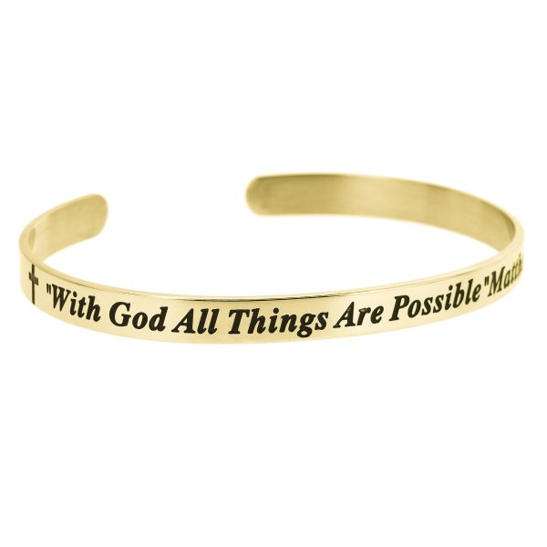 Qina C. Gold-tone 316l Stainless Steel Christian Bible with God All Things Are Possible Adjustable Cuff Bracelet Wristband Bangle