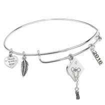 925 Sterling Silver Graduation Hat 2016 Made with Love Heart Feather Dangle Charm Adjustable Wire Bangle Bracelet