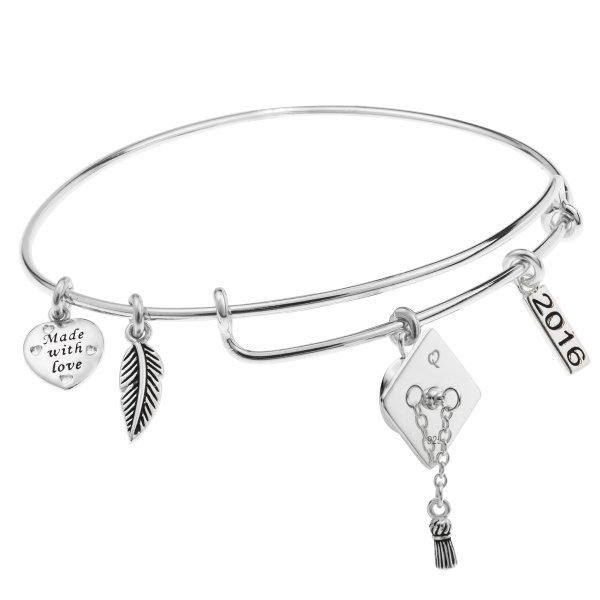 925 Sterling Silver Graduation Hat 2016 Made with Love Heart Feather Dangle Charm Adjustable Wire Bangle Bracelet