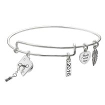 925 Sterling Silver Graduation Hat 2016 Made with Love Heart Feather Dangle Charm Adjustable Wire Bangle Bracelet