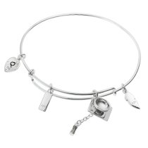 925 Sterling Silver Graduation Hat 2016 Made with Love Heart Feather Dangle Charm Adjustable Wire Bangle Bracelet