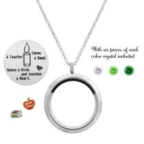 1x Stainless Steel Special Teacher Round Floating Locket Crystals Charm Chain Necklace Pendant 30mm