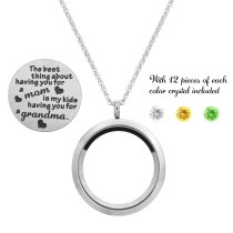 1x Stainless Steel Mother Lover Family Round Floating Locket Crystals Chain Necklace Pendant 30mm