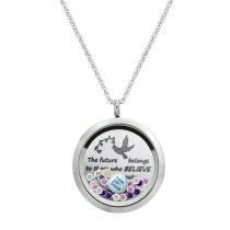 1x Stainless Steel Dream and Belive Round Floating Locket Crystals Charm Chain Necklace Pendant 30mm
