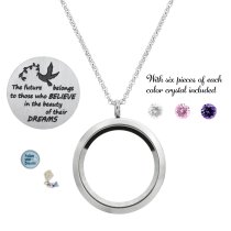 1x Stainless Steel Dream and Belive Round Floating Locket Crystals Charm Chain Necklace Pendant 30mm