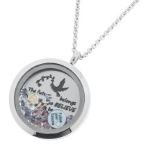 1x Stainless Steel Dream and Belive Round Floating Locket Crystals Charm Chain Necklace Pendant 30mm