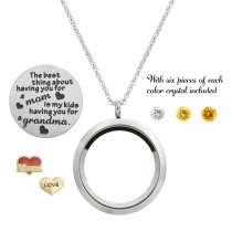 1x Stainless Steel Love Mother Family Round Floating Locket Crystals Charm Chain Necklace Pendant 30mm