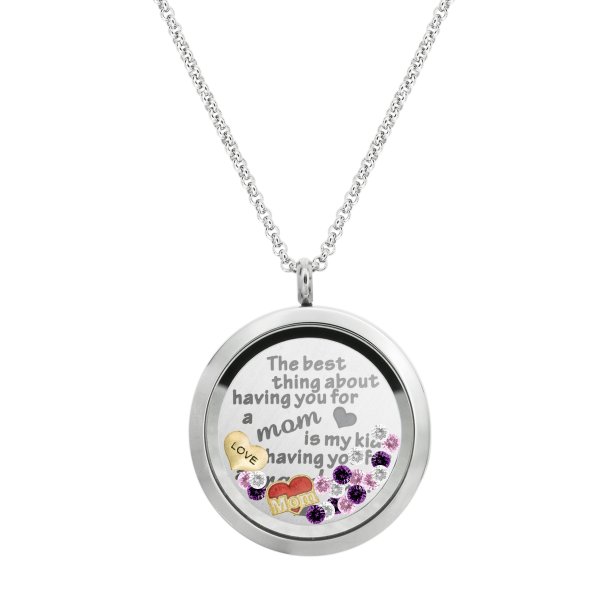 1x Stainless Steel Love Mother Family Round Floating Locket Crystals Charm Chain Necklace Pendant 30mm