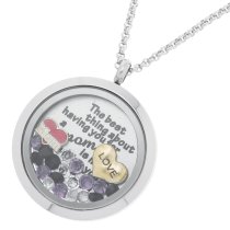 1x Stainless Steel Love Mother Family Round Floating Locket Crystals Charm Chain Necklace Pendant 30mm