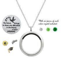 1x Stainless Steel Graduate and Dream Round Floating Locket Crystals Charm Chain Necklace Pendant 30mm