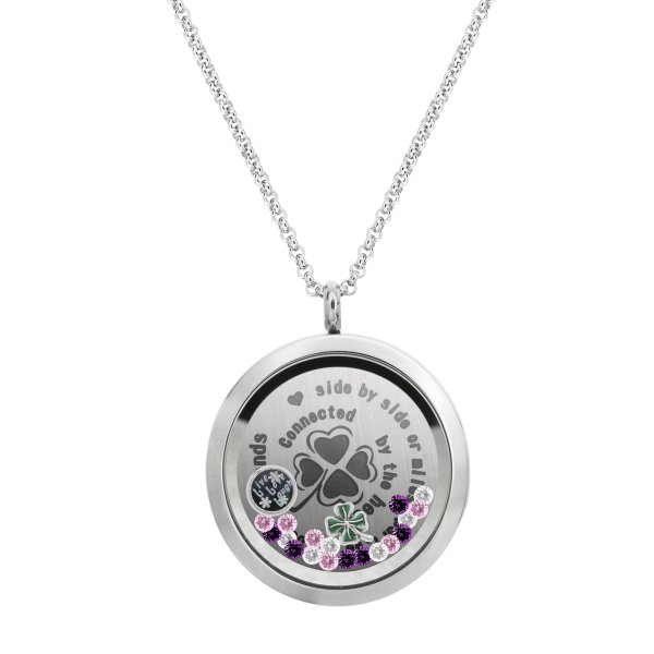 1x Stainless Steel Friend Friendship Four Leaf Clover Round Floating Locket Crystals Charm Round Chain Necklace Pendant 30mm