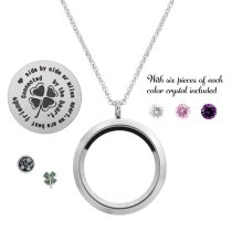 1x Stainless Steel Friend Friendship Four Leaf Clover Round Floating Locket Crystals Charm Round Chain Necklace Pendant 30mm
