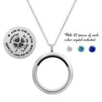 1x Stainless Steel Friend Friendship Four Leaf Clover Round Floating Locket Crystal Chain Necklace Pendant 30mm